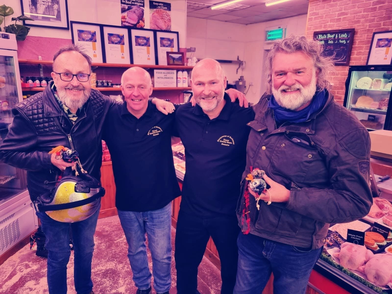 Dave Myers and Si King with David and Ronnie at Macqueens of Rothesay butcher shop